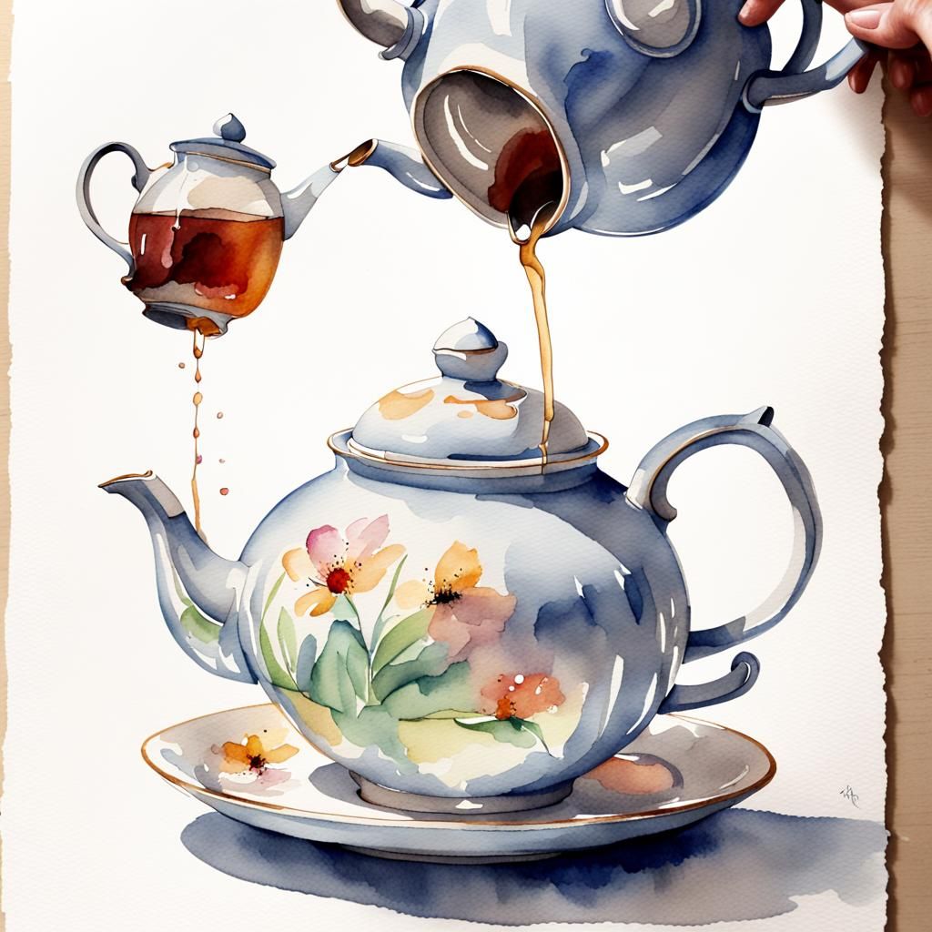 Watercolor Teapot Pouring Tea Illustration