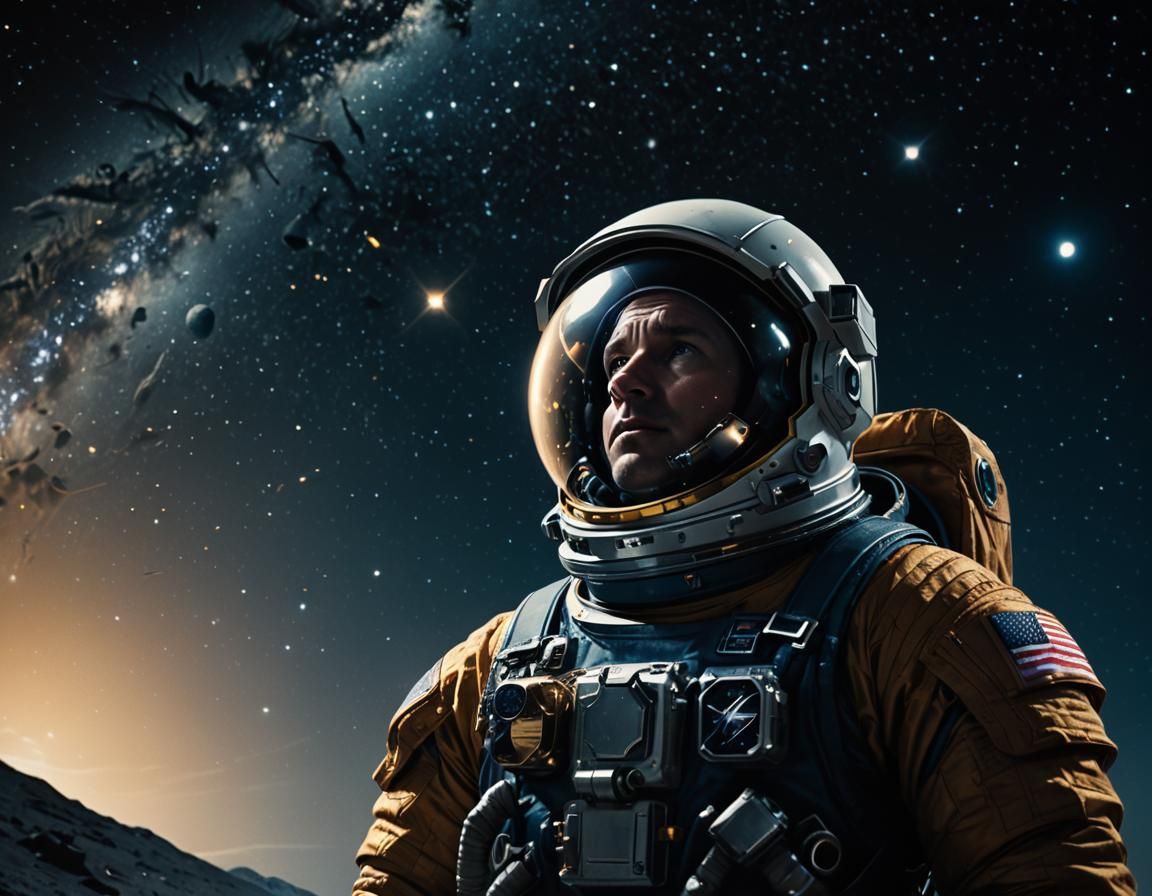 Astronaut Stares at Starscape in Film Noir Style