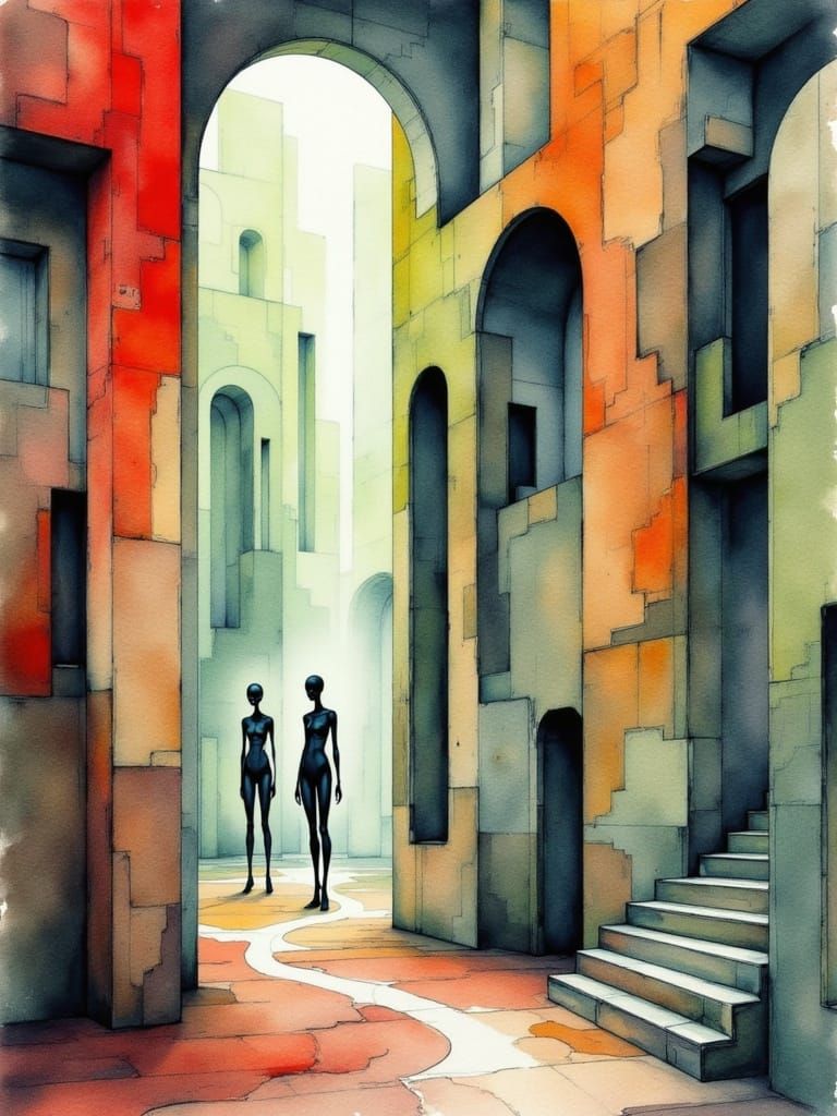 Abstract Watercolor Scene with Elongated Figures