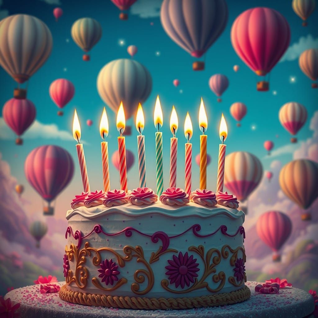 Vibrant Birthday Cake with Balloons and Burning Candles in W...