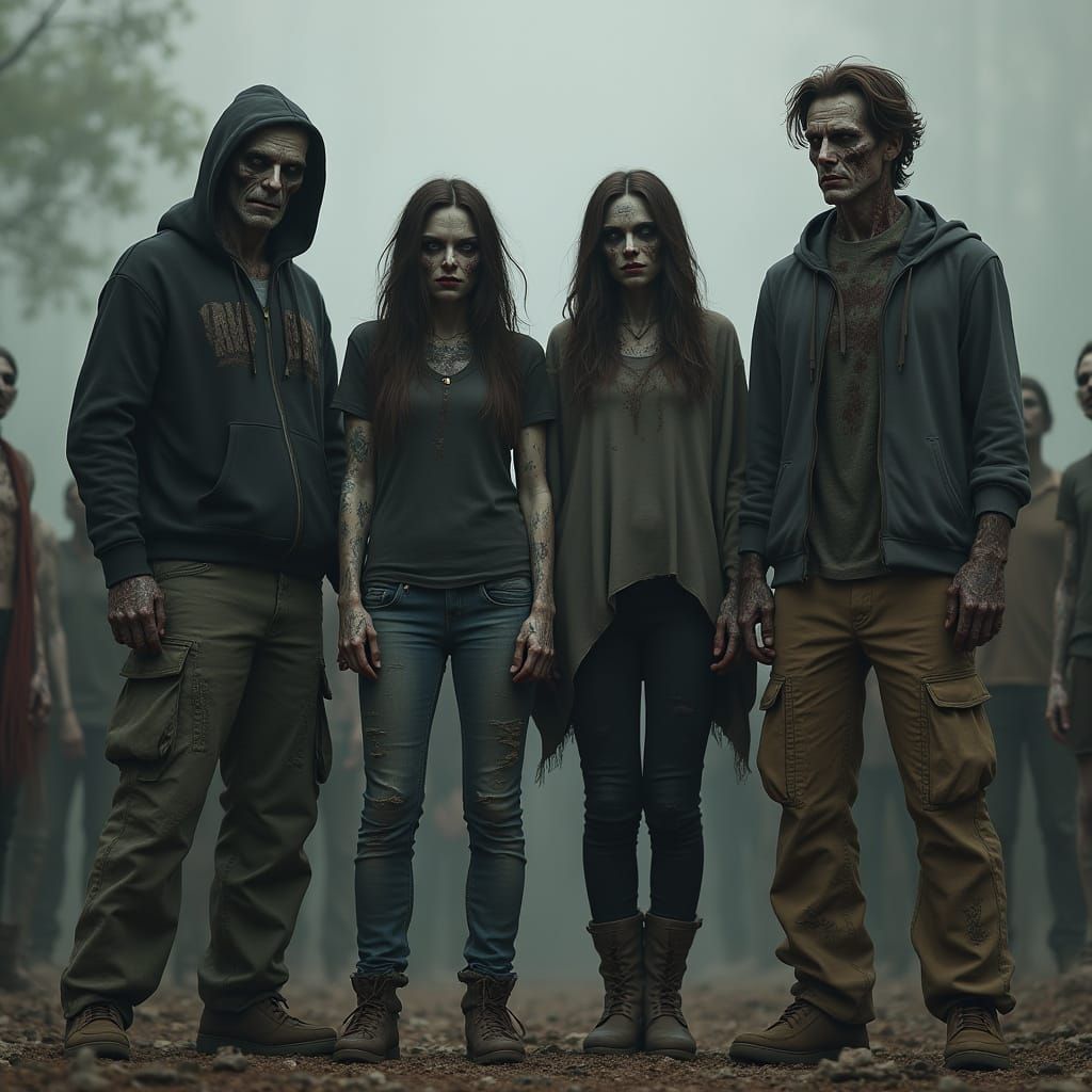 Zombies Confronting Horde in Dark Romanticism Style