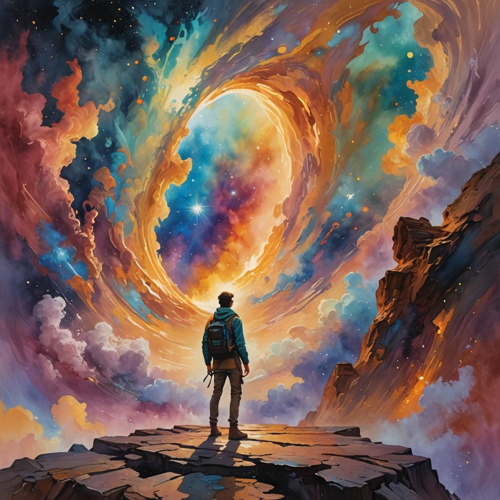 Traveler at Nebula Portal: Impressionist Gouache Painting