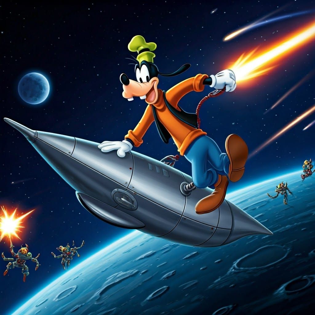 Goofy Battles Aliens Above the Moon in Animation Style