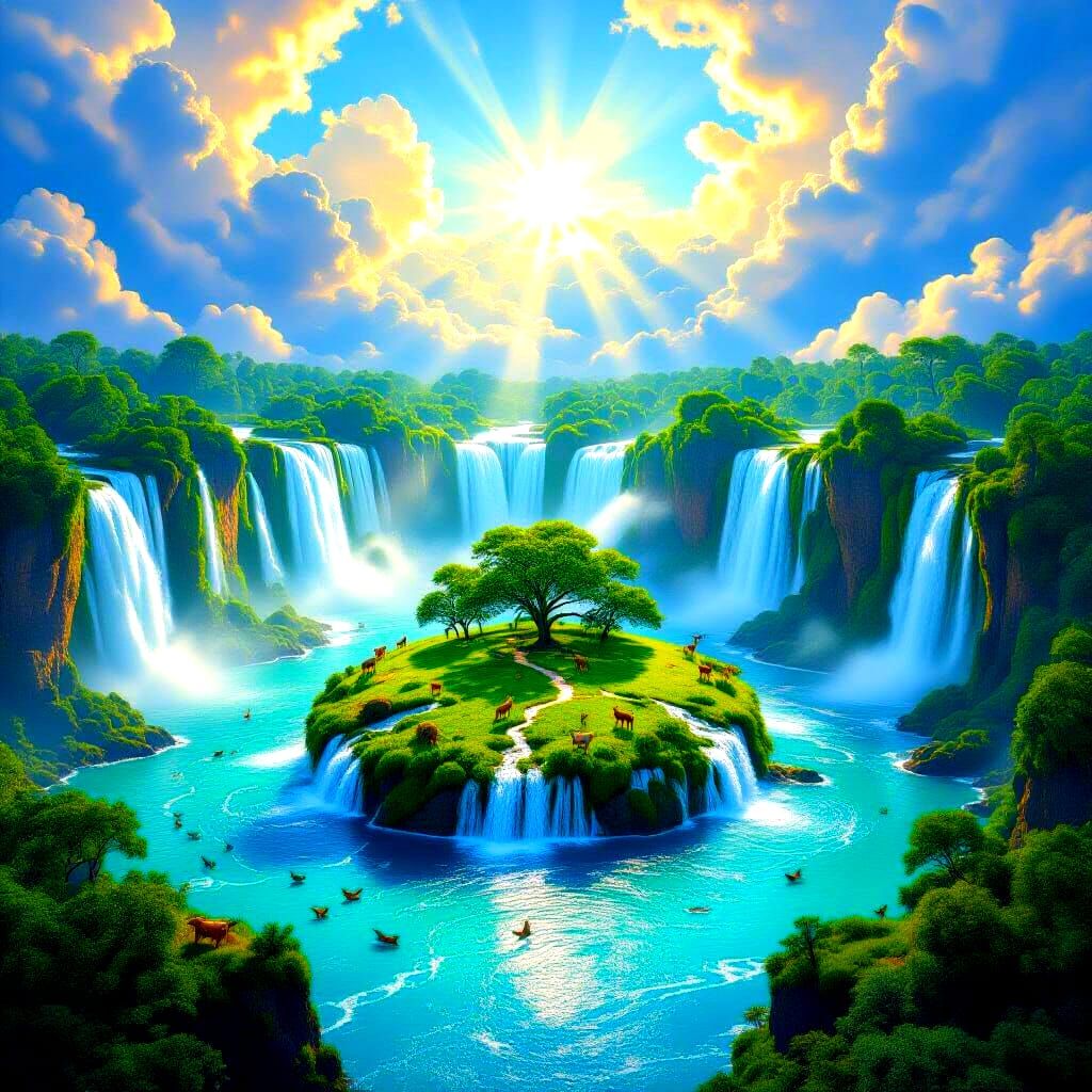 Surreal Circular Waterfalls with Enchanted Island