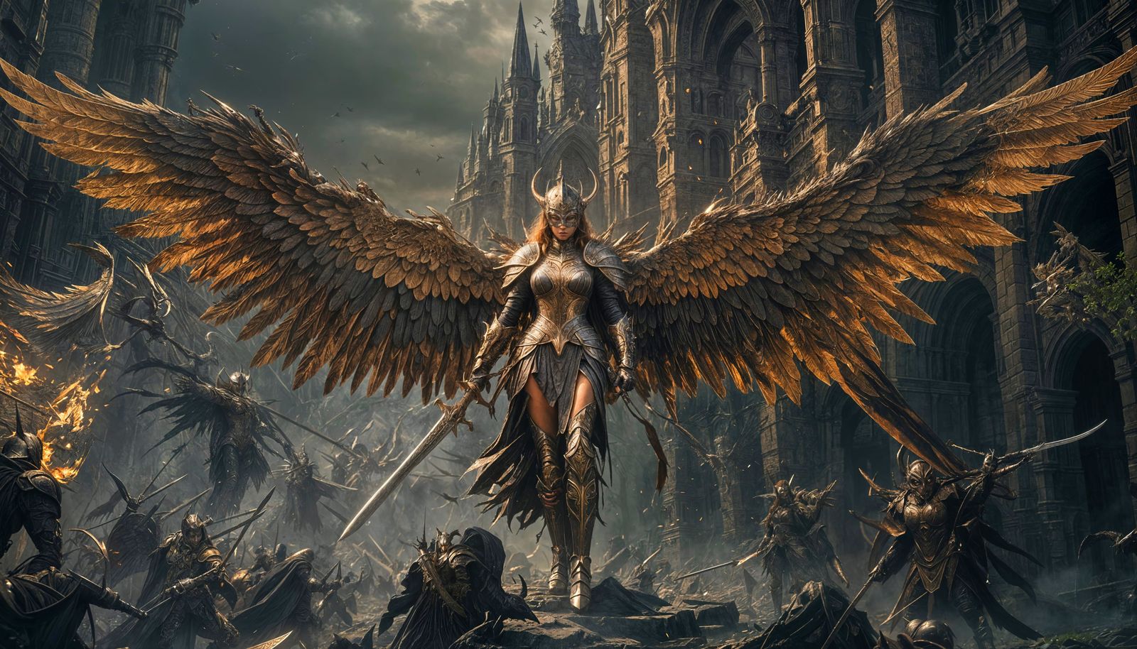 Winged Knight in Dark Fantasy Battle Scene