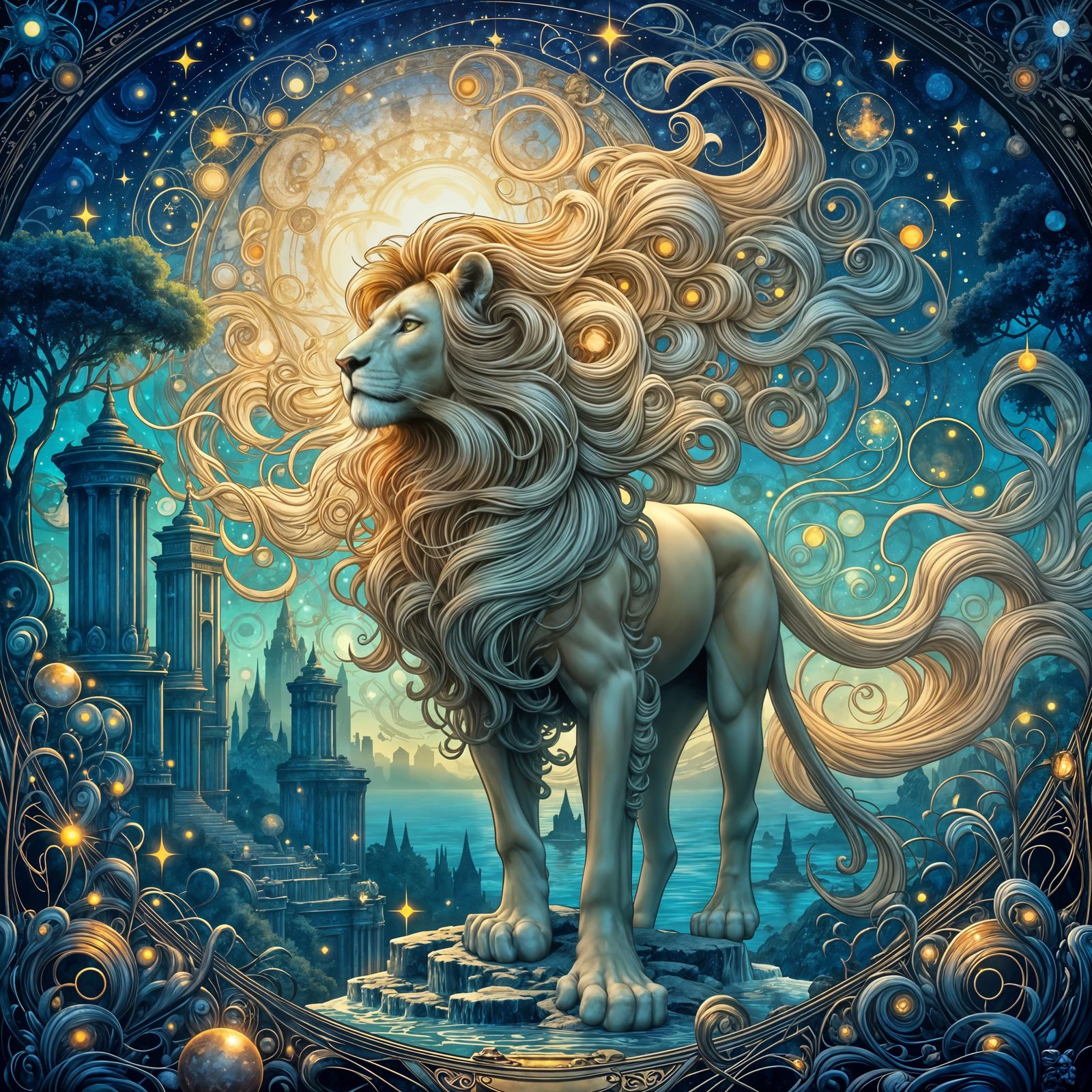 Majestic Lion Guards Ancient City in Art Nouveau Style