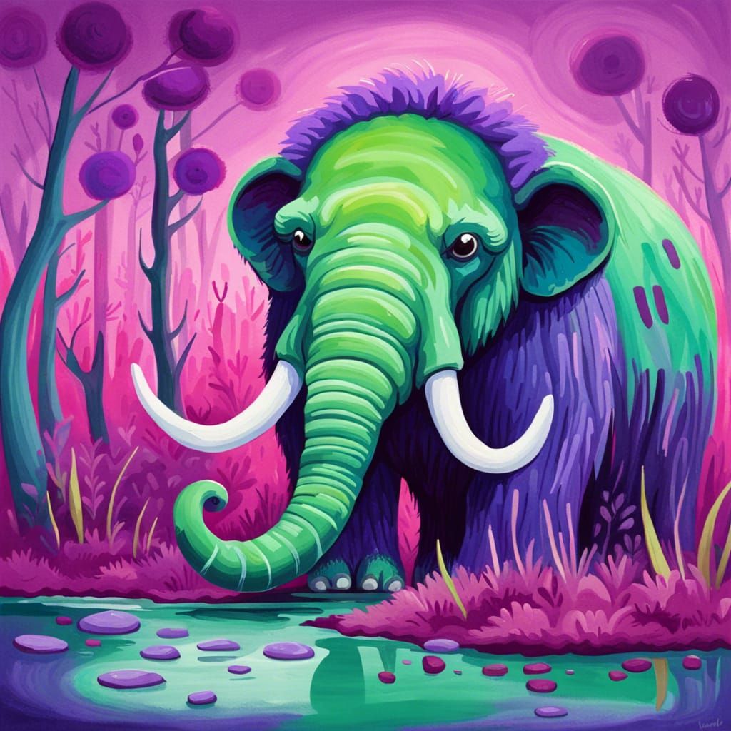 Cute Green Mammoth in Purple Gouache Swamp