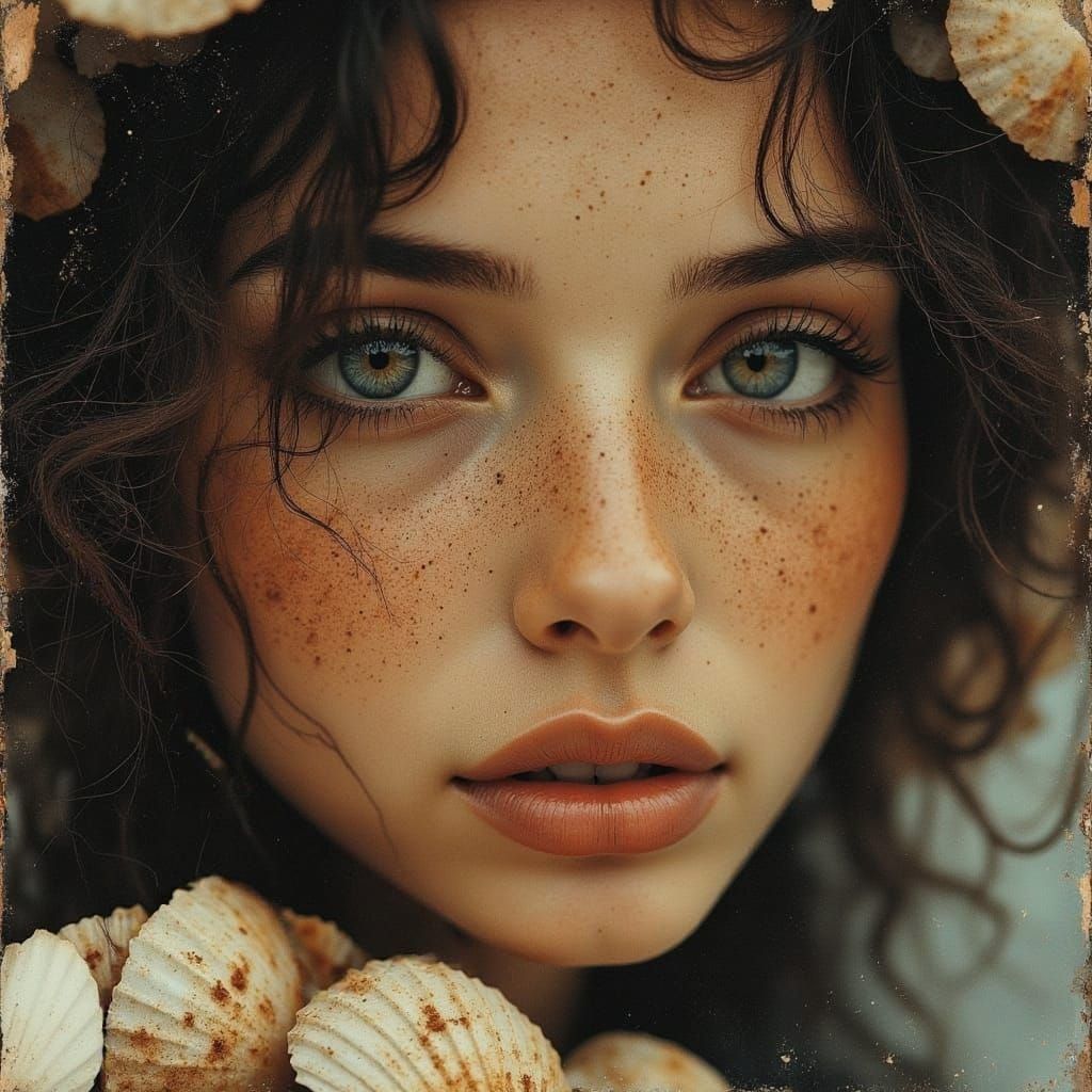 Hyperrealistic Portrait with Seashells and Soft Lighting