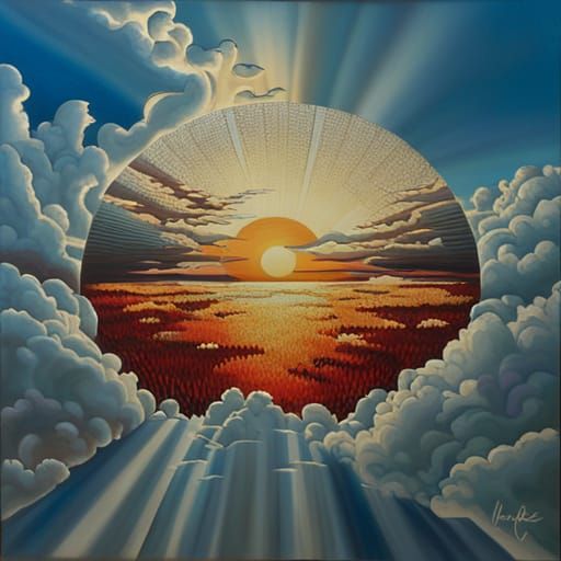 Hyperrealistic Sunrise with Silver and Ruby Hues