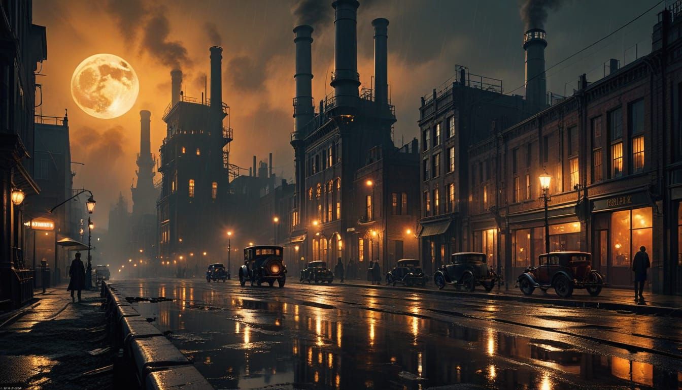 Gothic Cityscape Eternal Twilight with Steampunk Machines