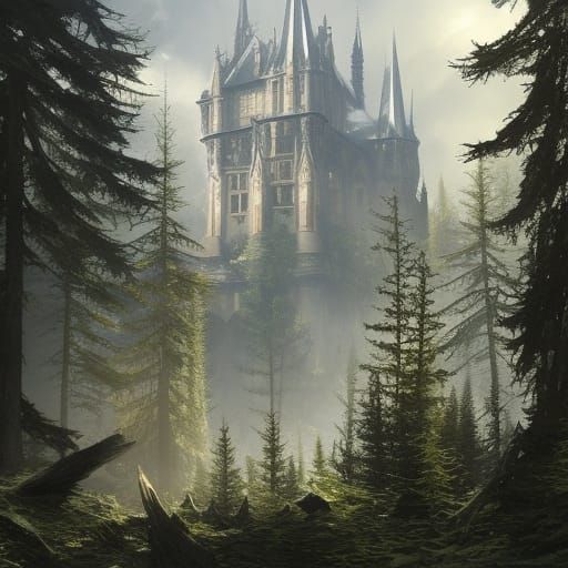 High Gothic Castle in Sunlight, Dark Fantasy Art