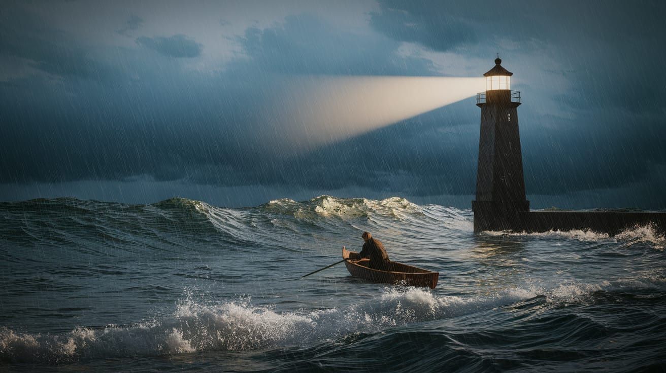 Man in Rowboat Under Stormy Reykjavik Sky