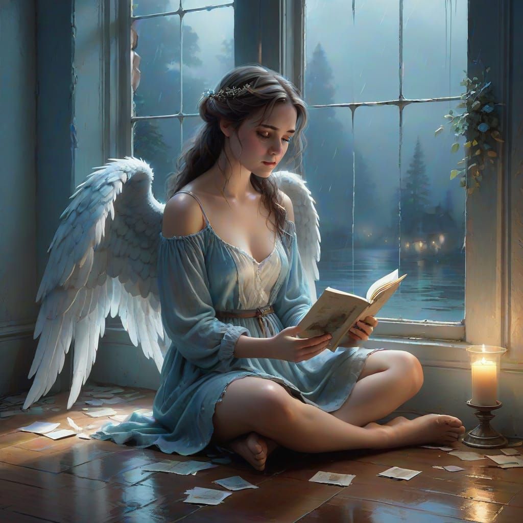 Sad Angel in a Dim Room with Torn Photo