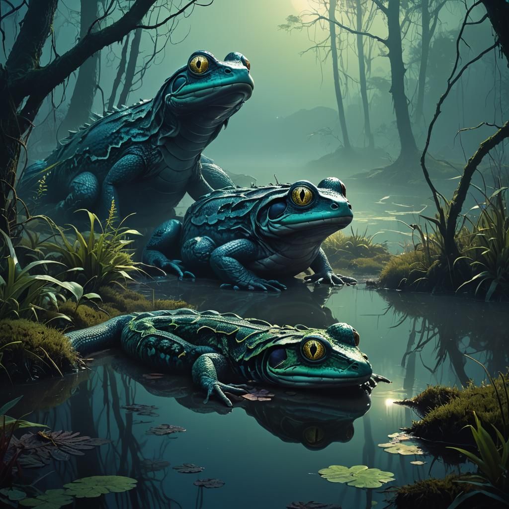 Mystical Snake-Frog Creature in Fantasy Swamp Art
