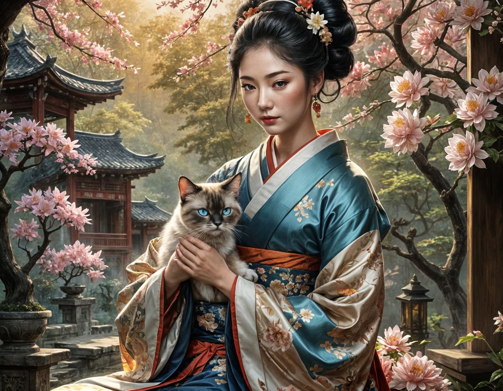 Geisha Holding Siamese Cat Fine Art Painting
