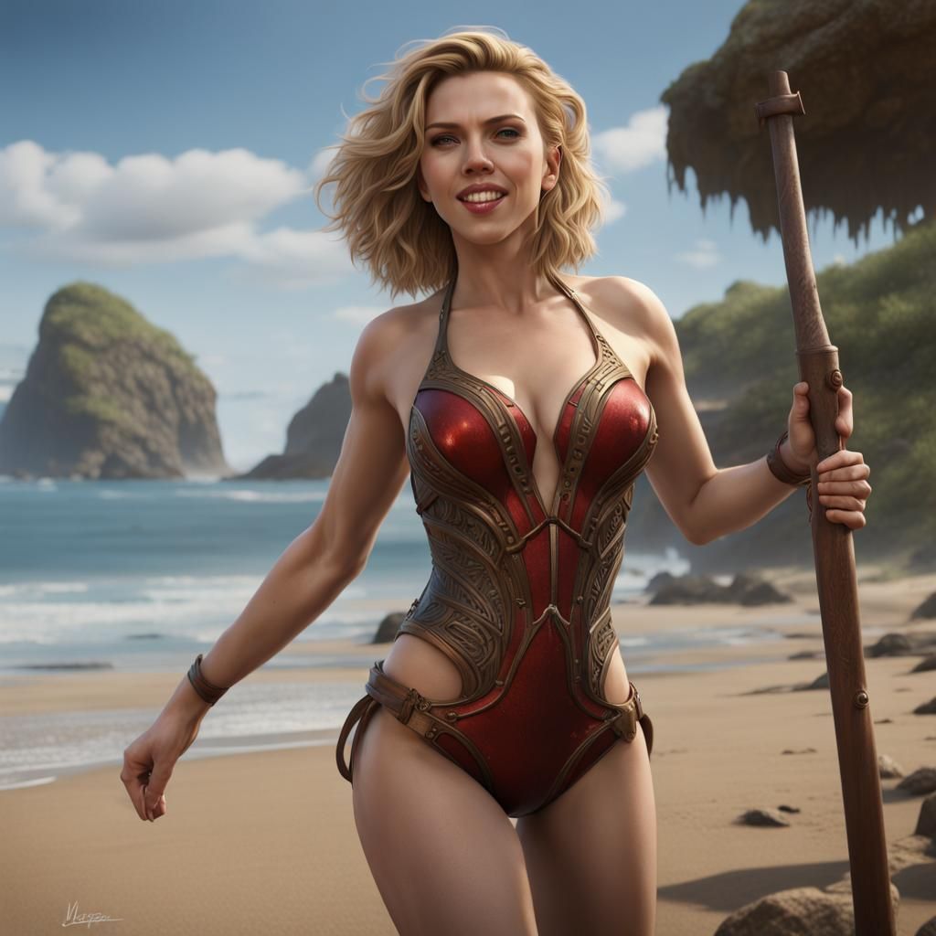 Smiling Woman in Swimsuit: Detailed Fantasy Concept Art