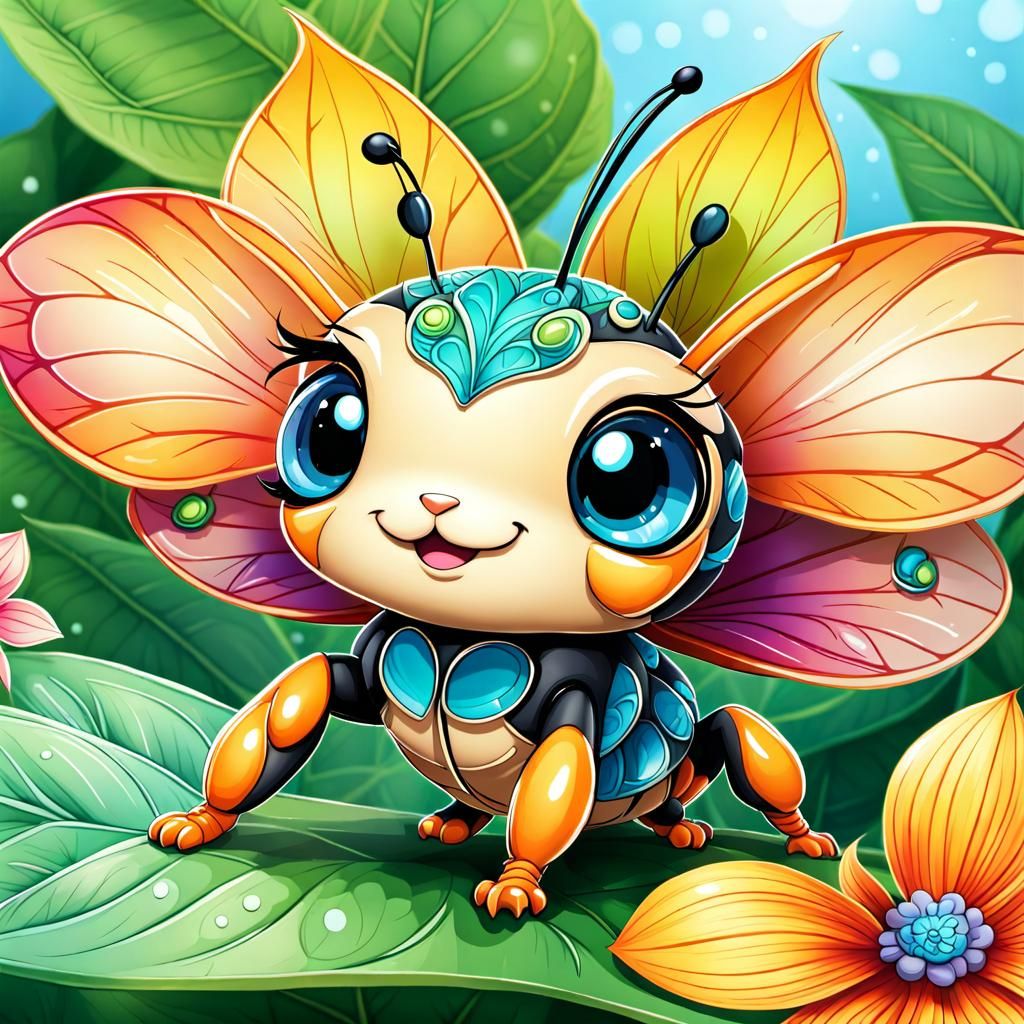 Chibi Doodle Bug on Leaf with Flowers