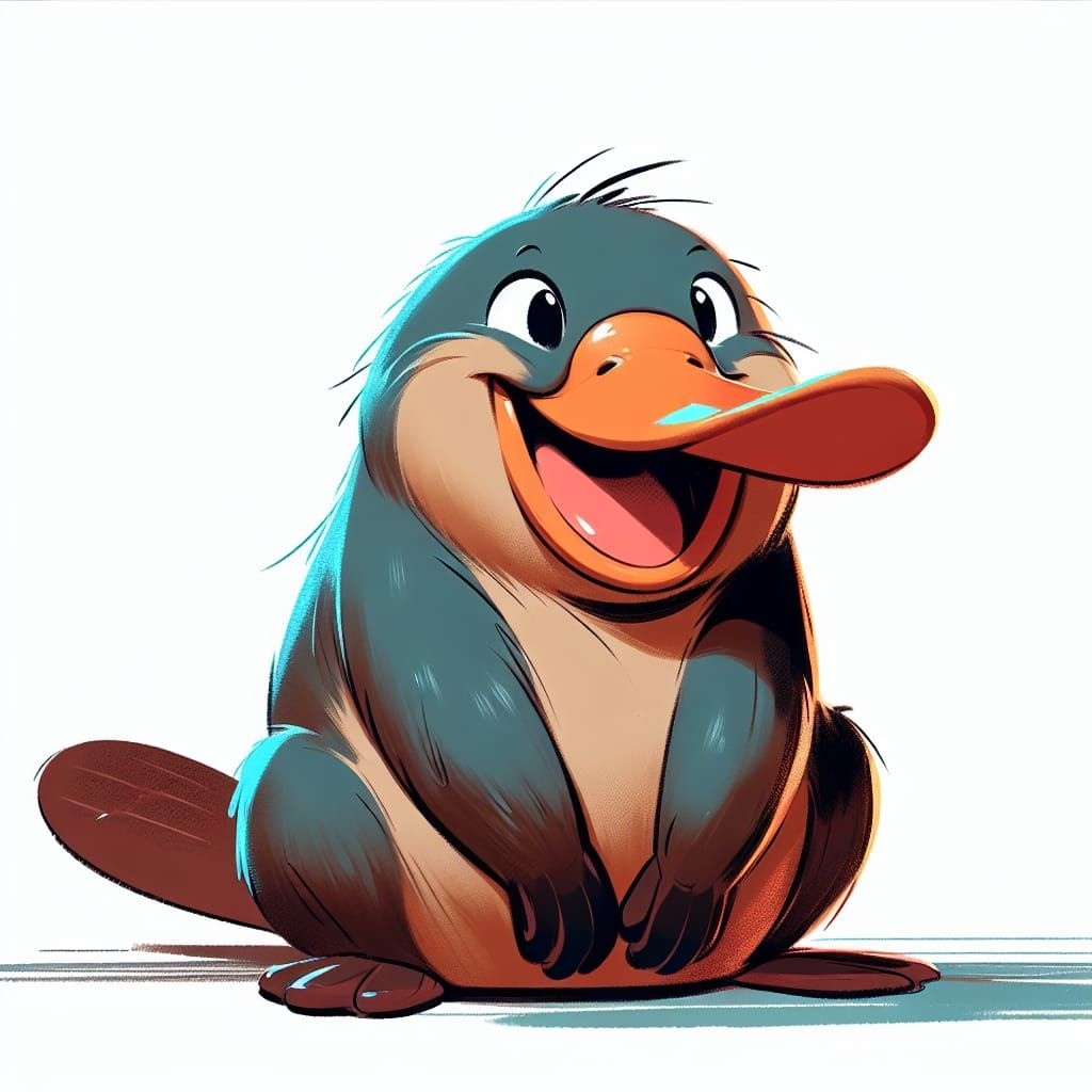 a cute platypus sitting and smiling, portrait, whole body, n...