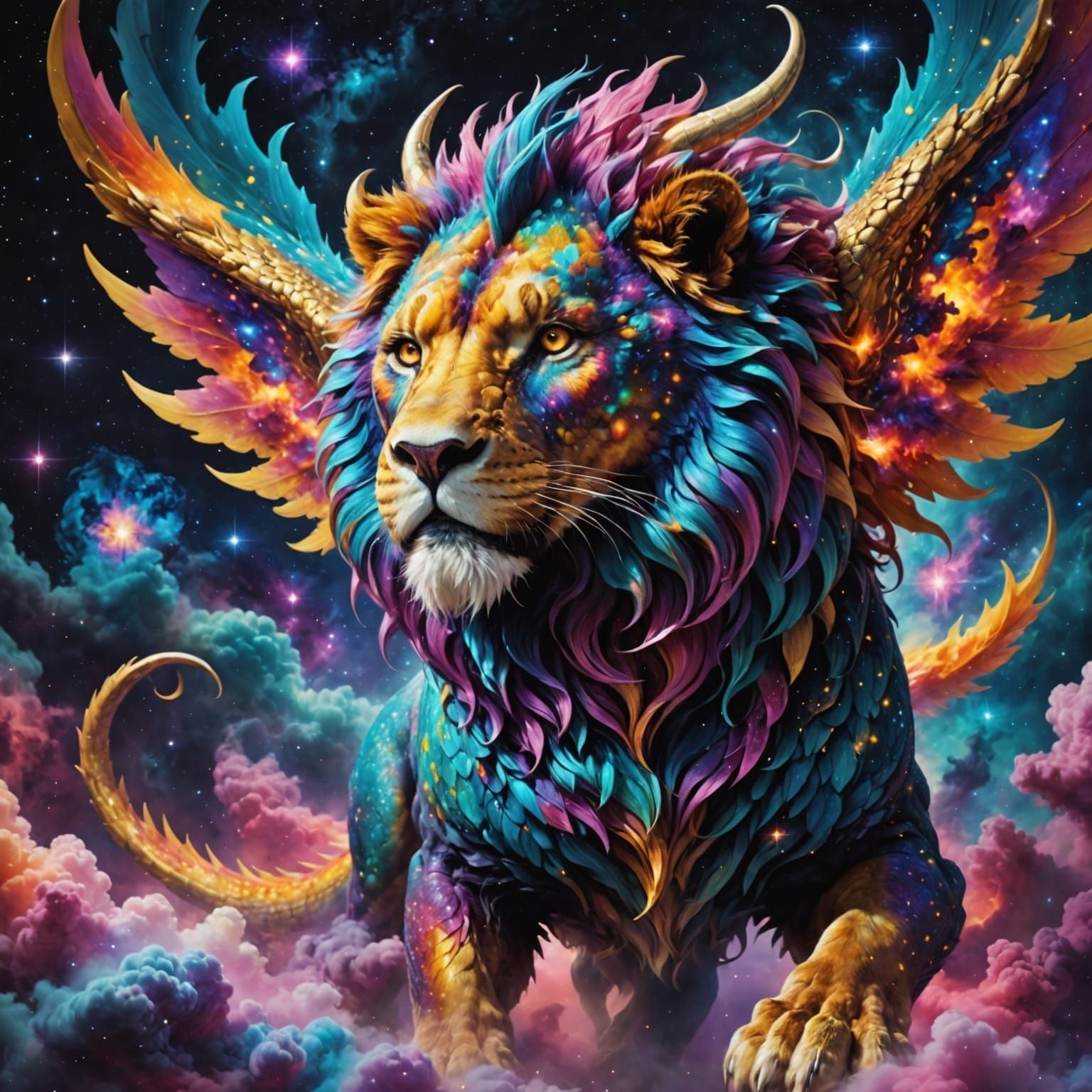 Hyperrealistic Cosmic Lion with Galaxy Wings