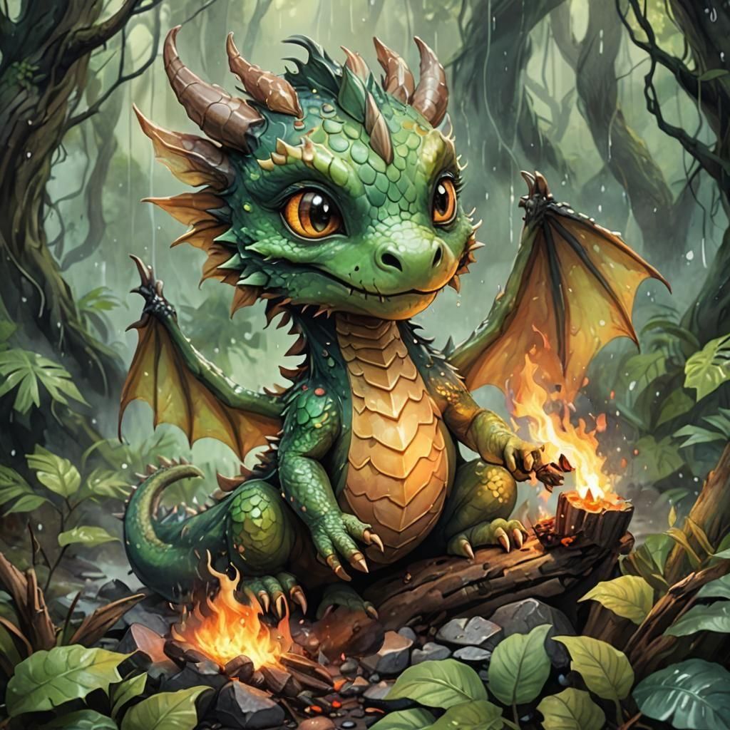 Chibi Dragon in Rainy Storm Ignites Fiery Blaze