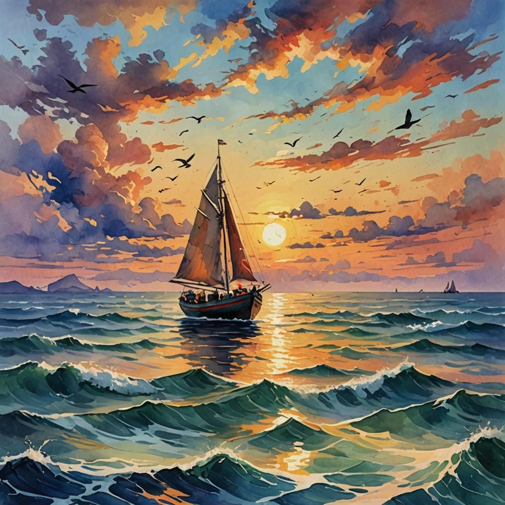 Ocean Sunset Bird Boat in Gouache Style