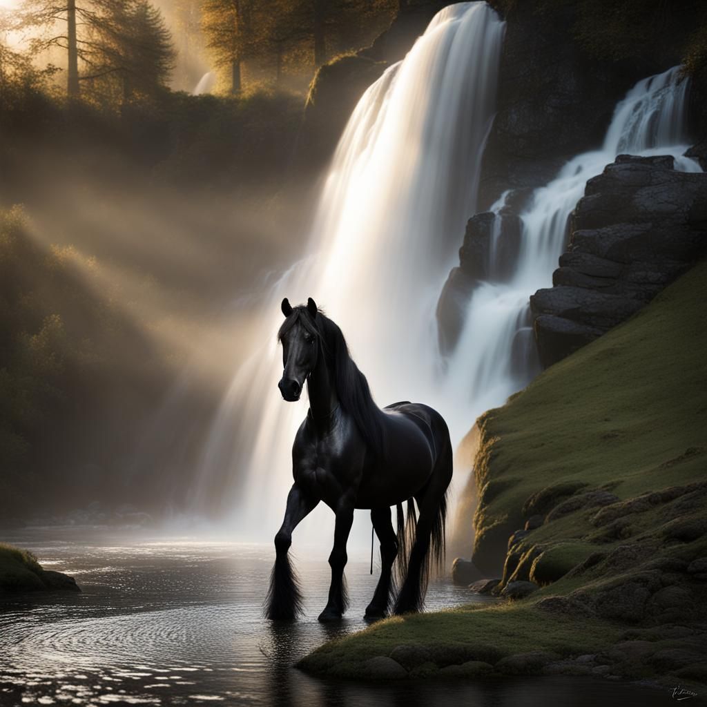 Friesian Horse in Magical Waterfall Setting