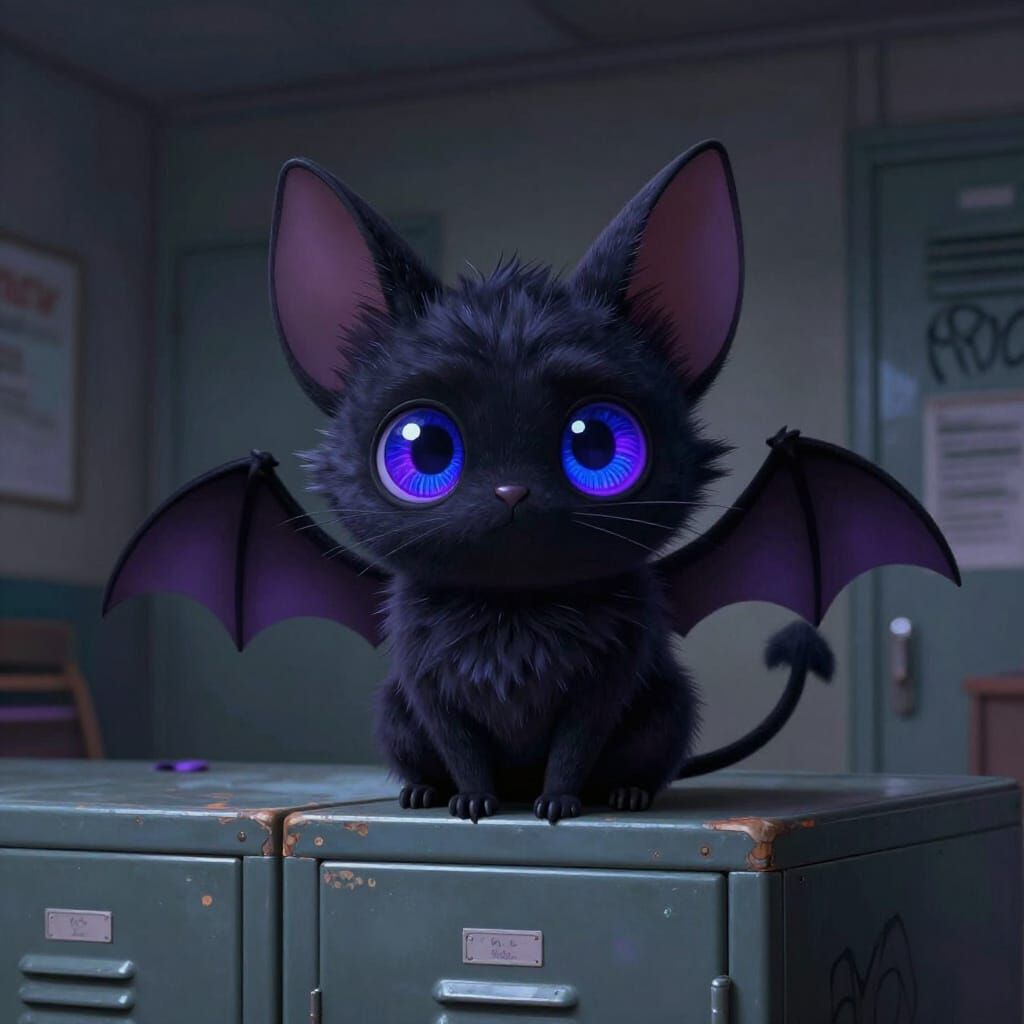 Whimsical Bat-Cat Hybrid Perched on Locker