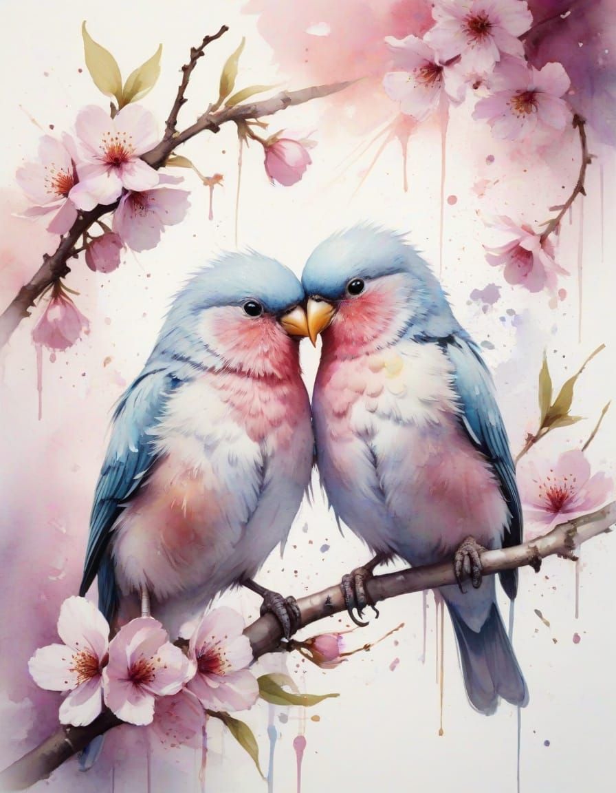 Pastel Love Birds Forming Heart on Cherry Branch