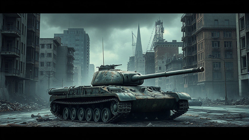 Desolate Cityscape: Abandoned Tank in Post-Apocalyptic Style