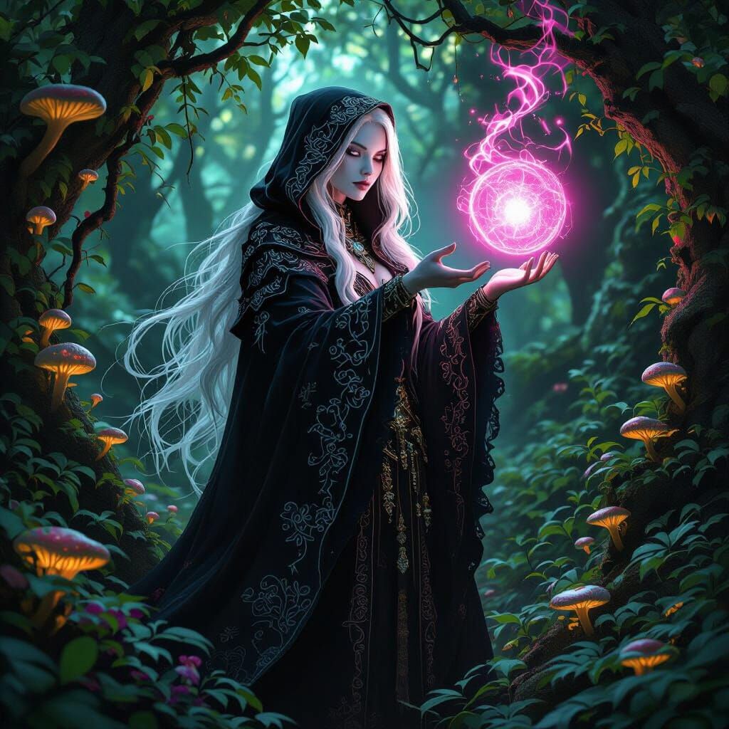 Albino Drow Sorceress in Bioluminescent Grove