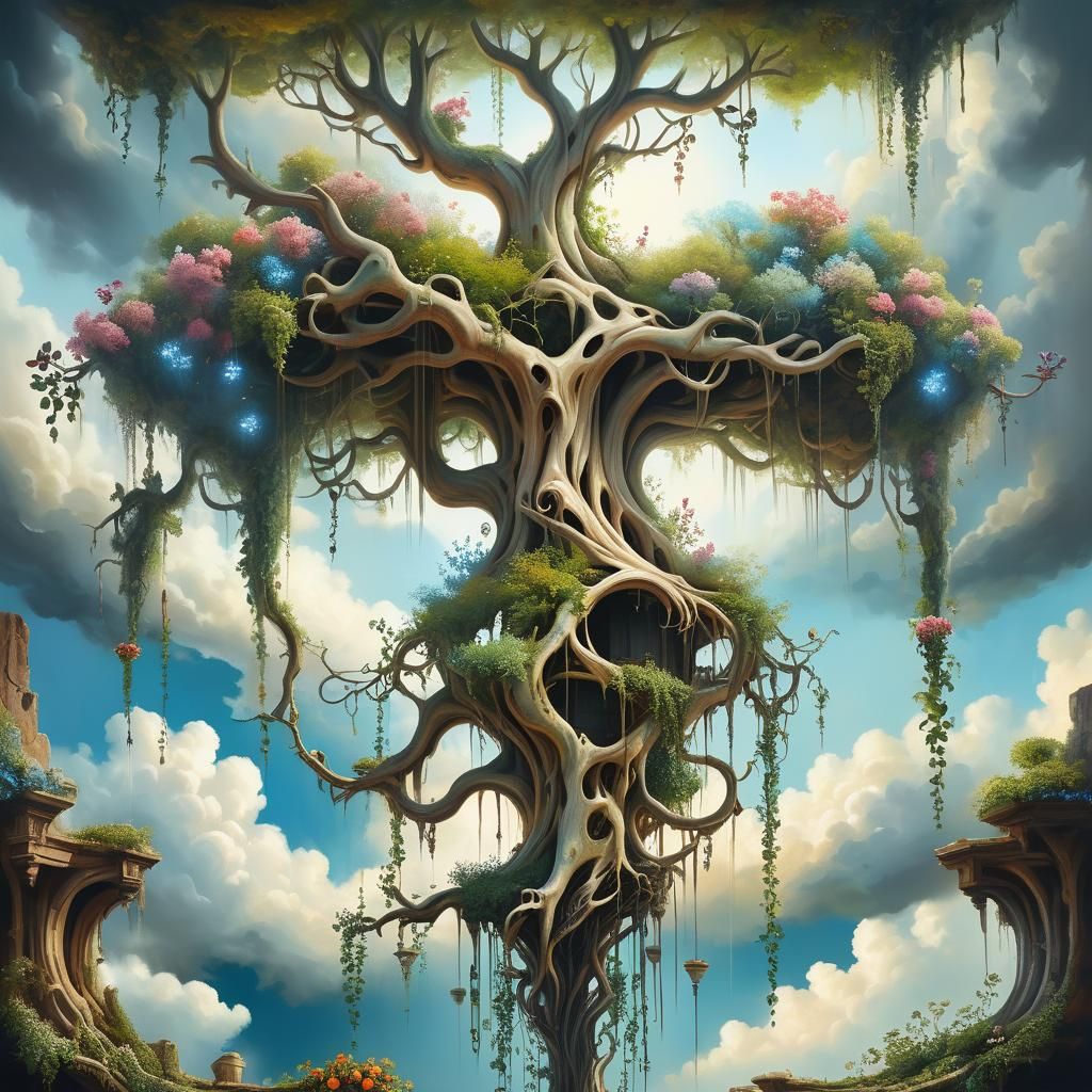 Surreal Upside-Down Tree Amidst Hanging Gardens
