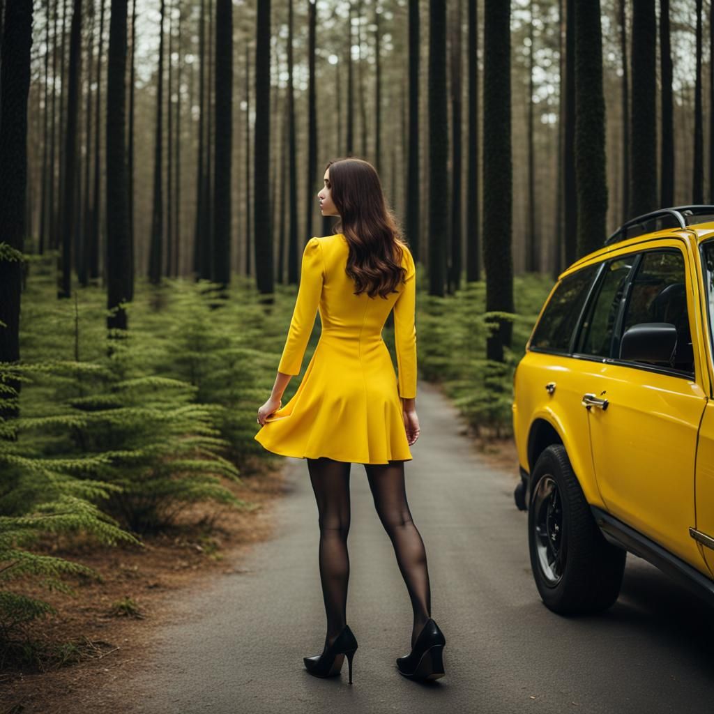 Young Woman in Yellow Dress Walking in Forest