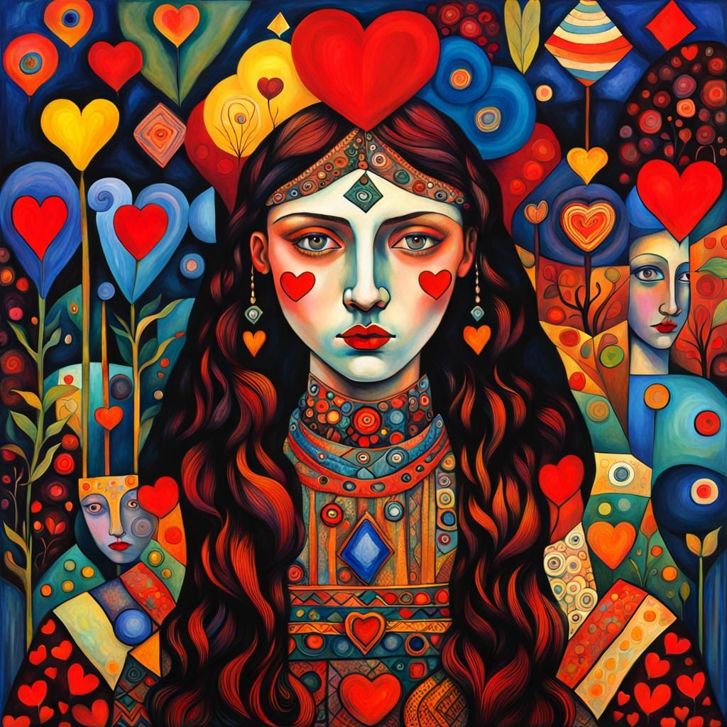Surreal Queen of Hearts in Psychedelic Bohemian Style