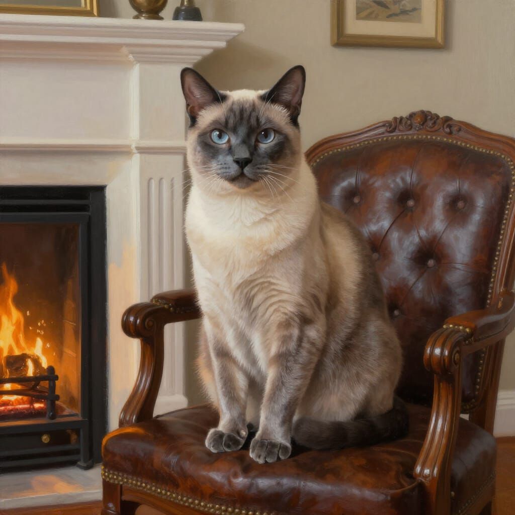 Majestic Siamese Cat by Fireplace in Matte Painting Style