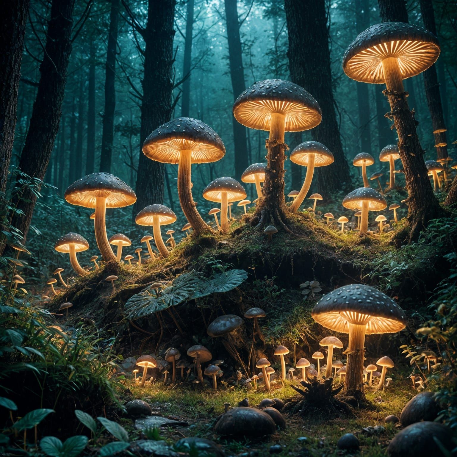 Ethereal Bioluminescent Forest Illuminated at Night