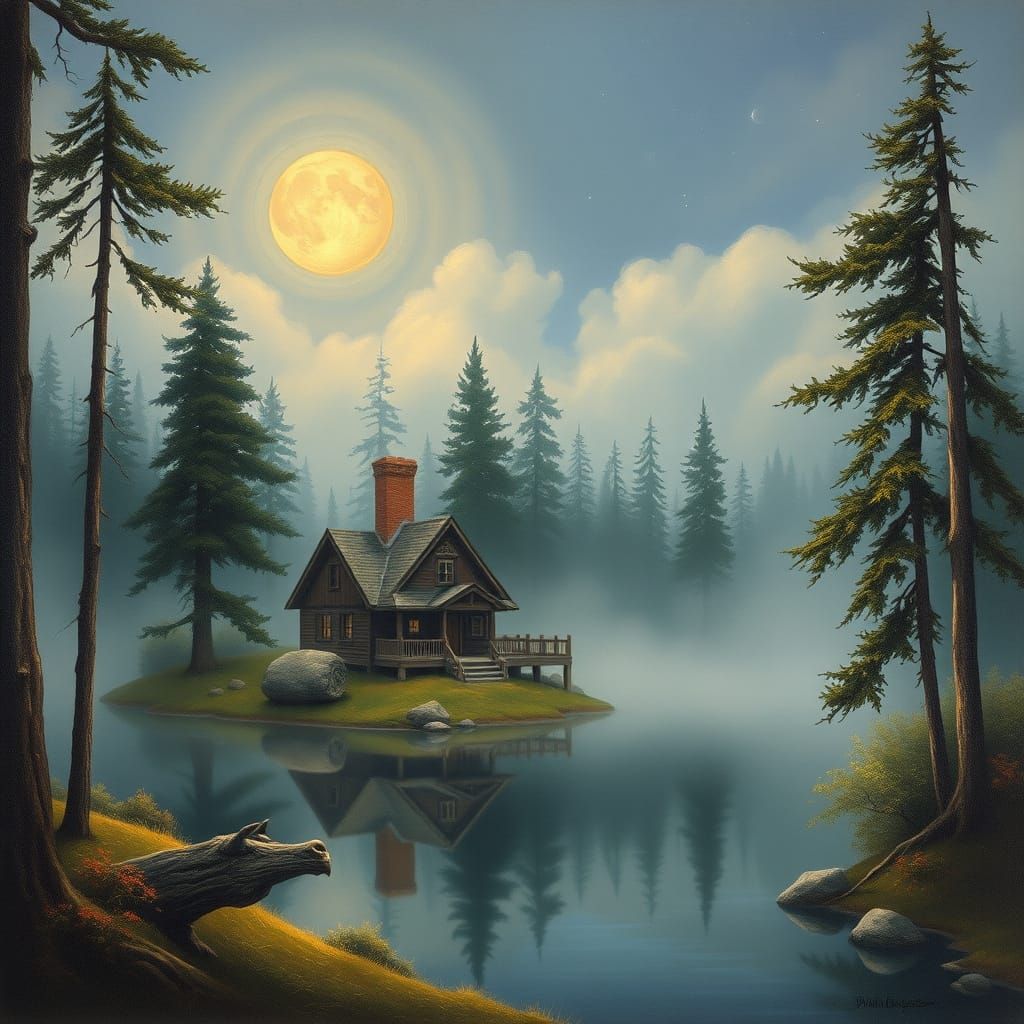 Idyllic Cottage Scene in Moonlit Forest