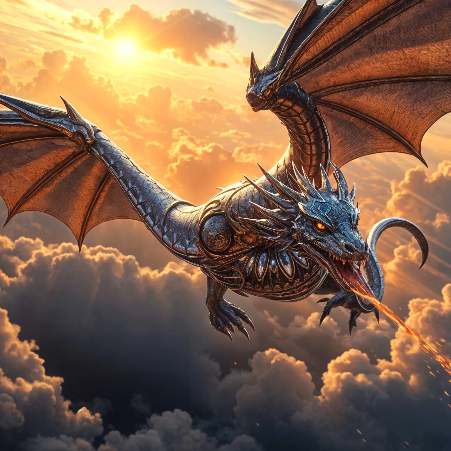 Cyberpunk Dragon in Flight, Shining Chrome