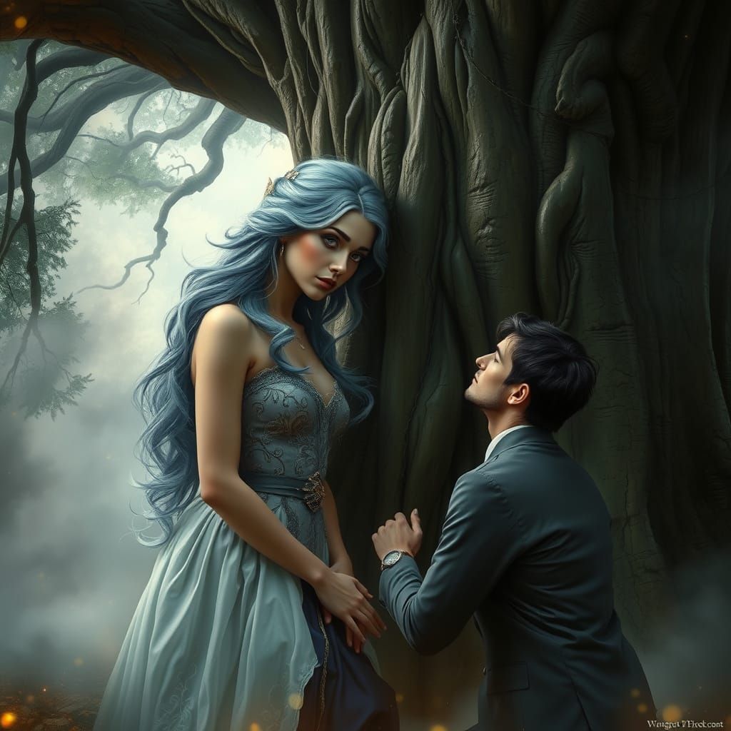 Star-Crossed Lovers in Misty Glade with Firefly Glow