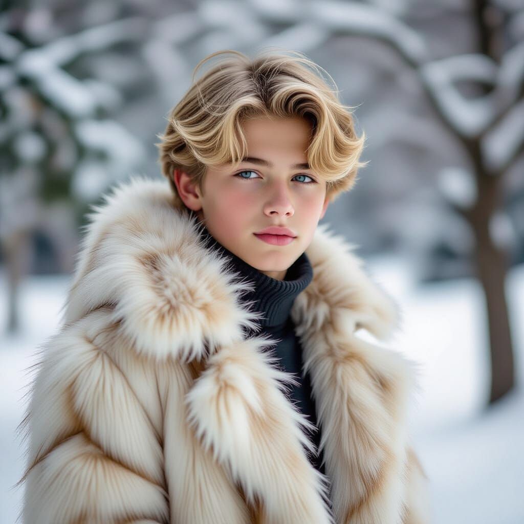 Blond Boy in Fox Fur Coat Portrait