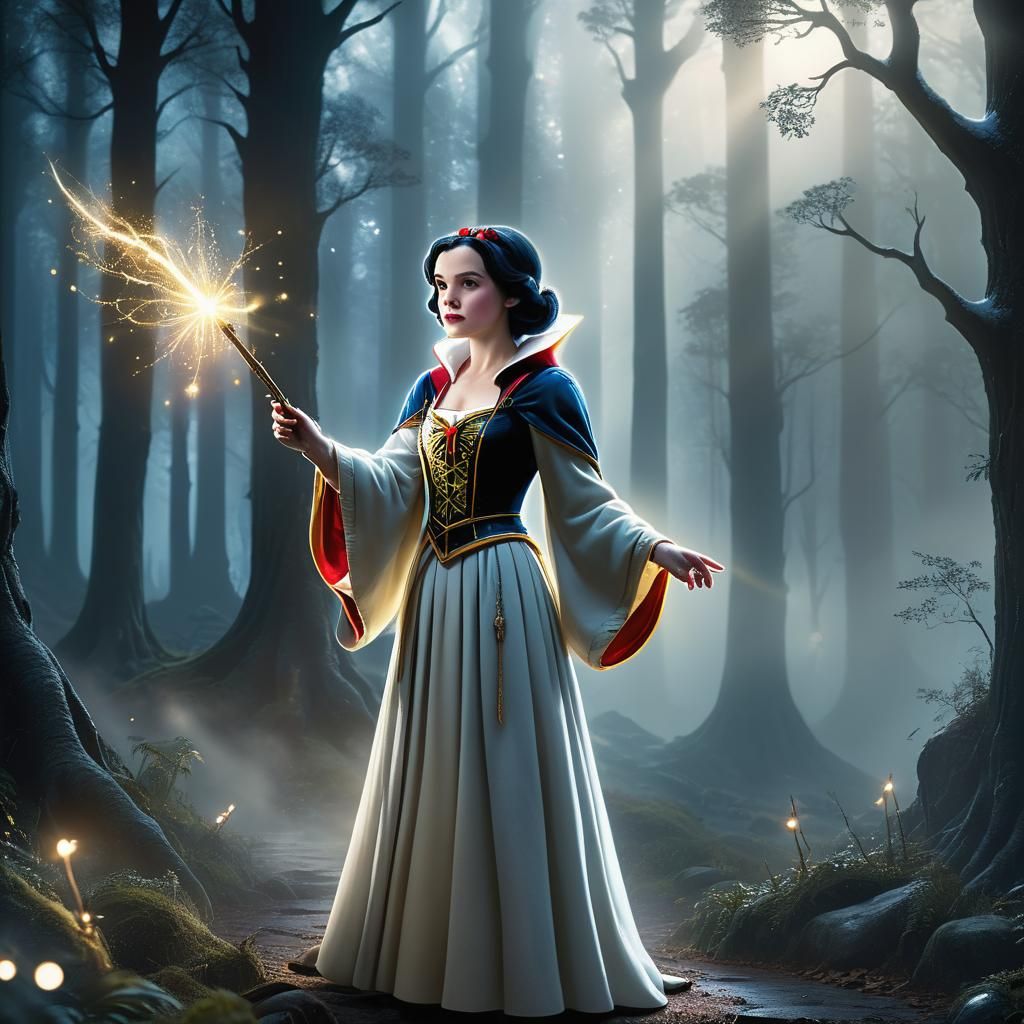 Snow White in Hogwarts Uniform in a Mystical Forest