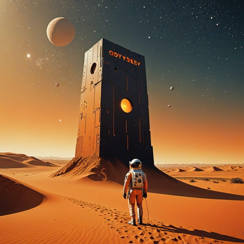 Retro-Futurist Astronaut and Monolith on Dune