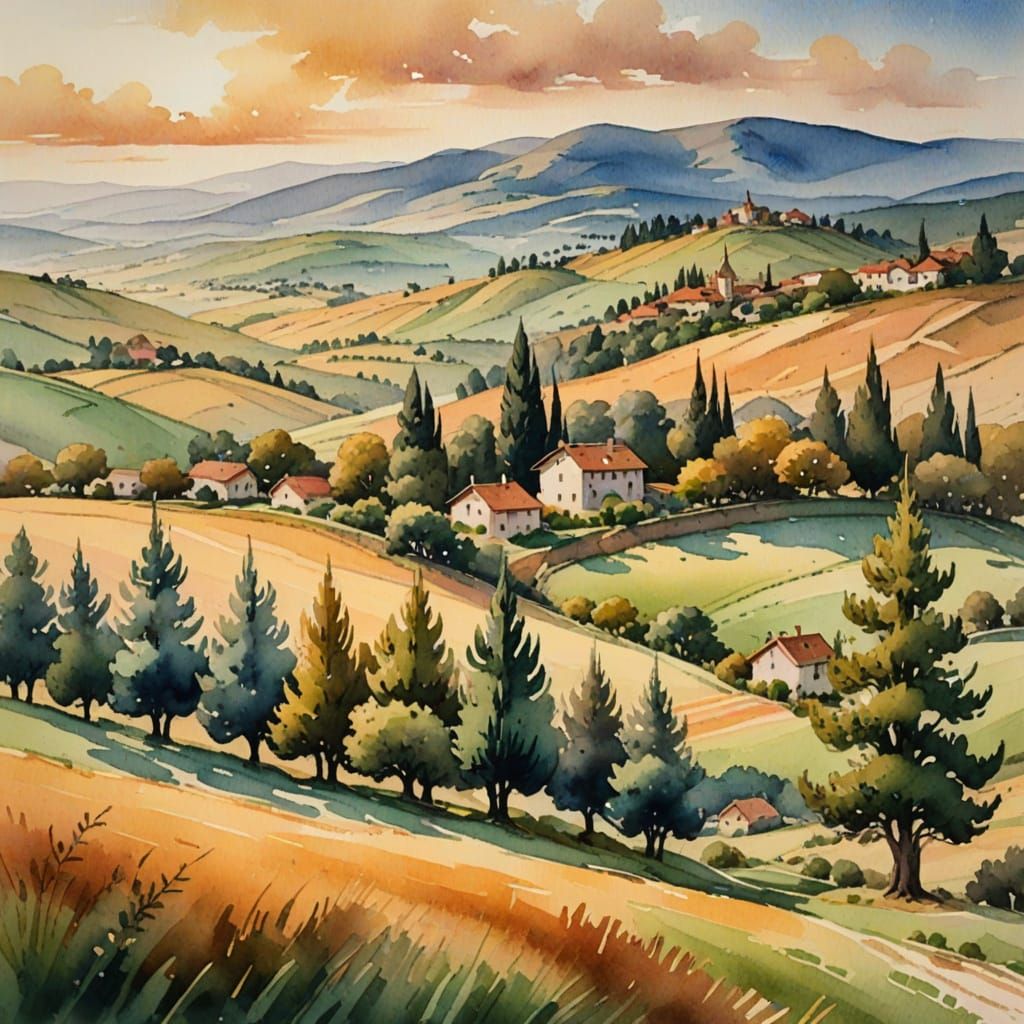 Idyllic Mediterranean Landscape in Watercolor