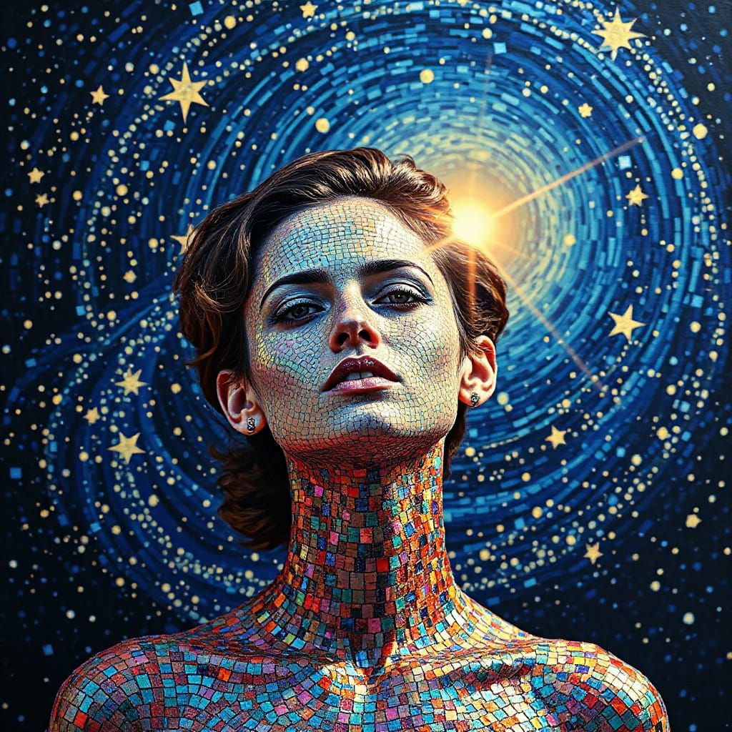 Iridescent Mosaic Woman Under Starry Night