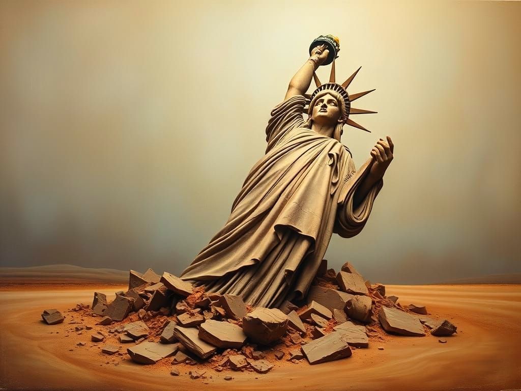 Clay Statue of Liberty Sinking into Desert Dust