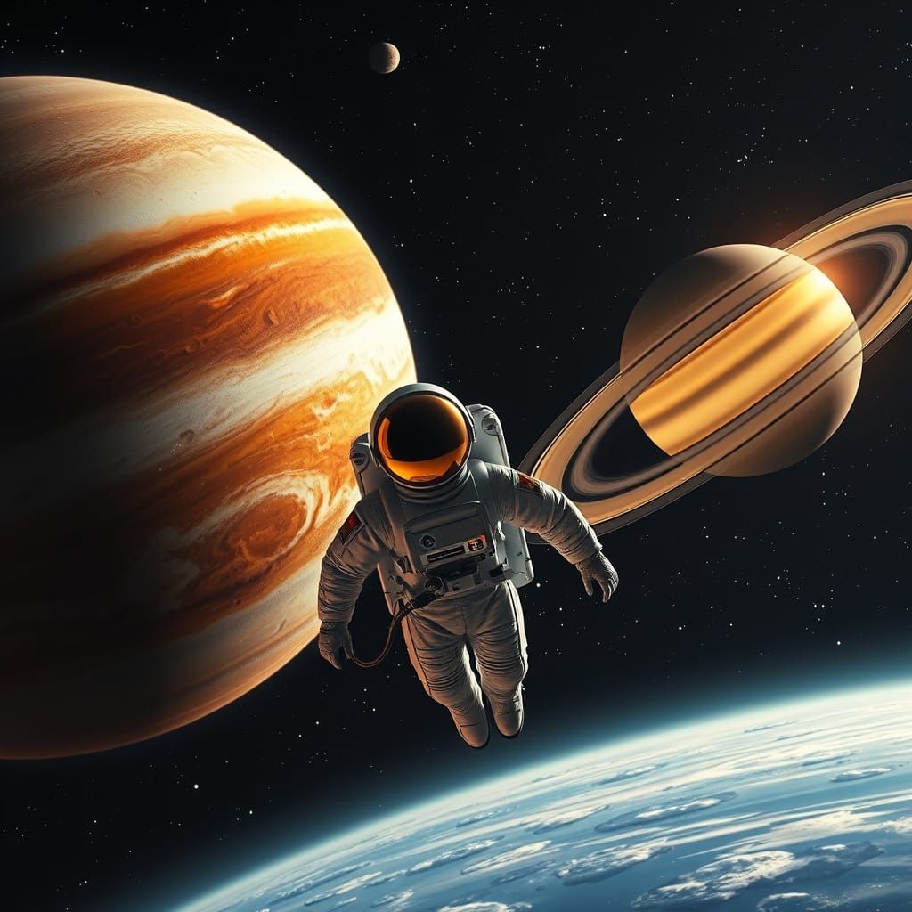 Astronaut Gazing at Jupiter and Saturn in Space