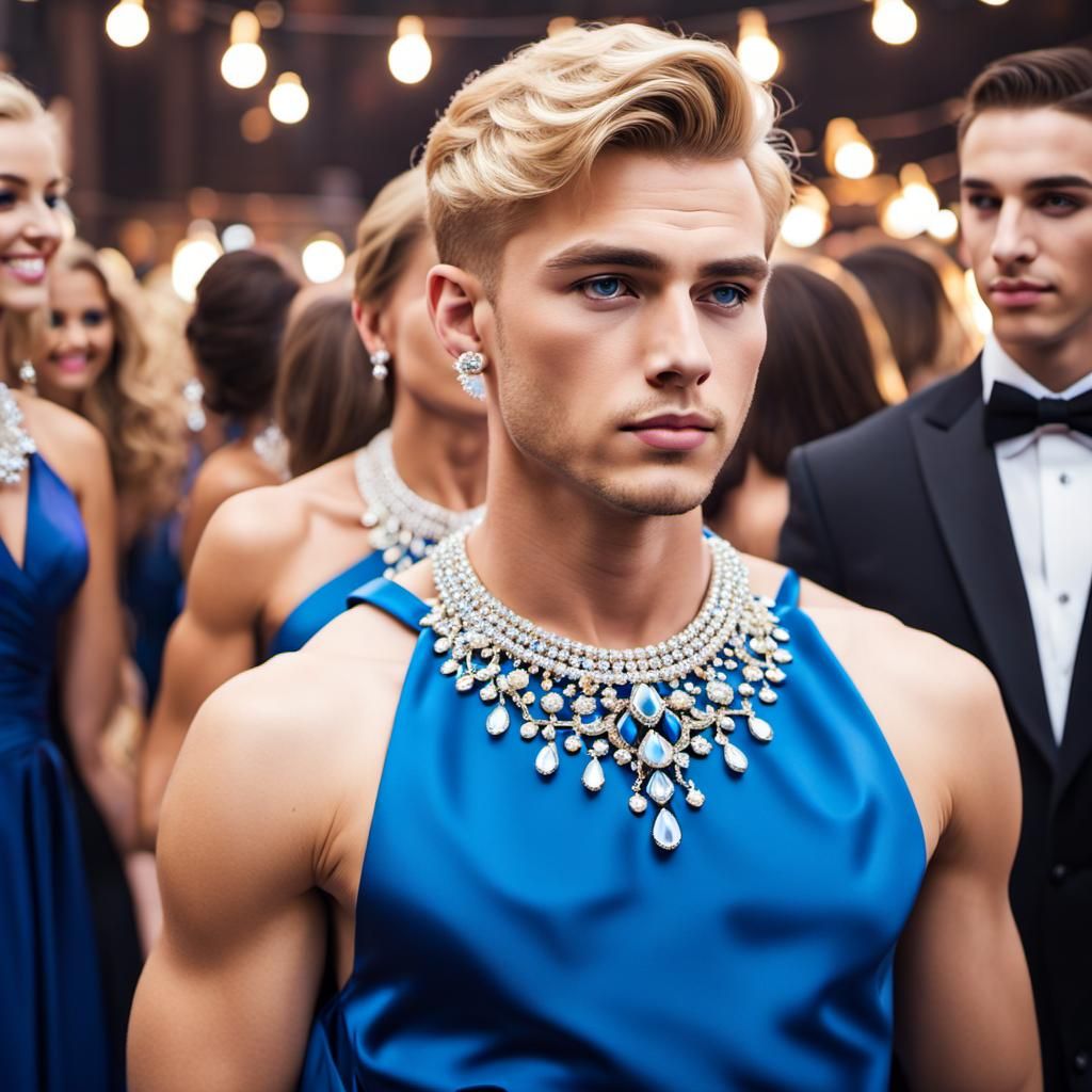 Blonde Boy in Blue Dress at Crowded Party