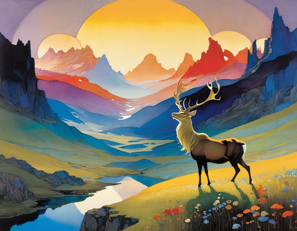 Surreal Woman and Dragon in Sunset Alpine Meadow