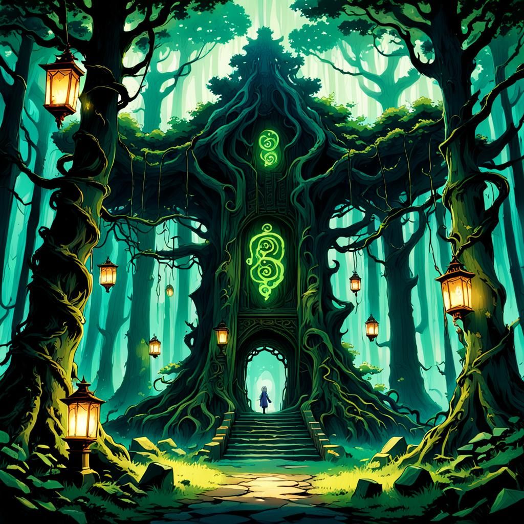 Mysterious Forest Spirits Dance Amidst Ancient Trees with Gl...