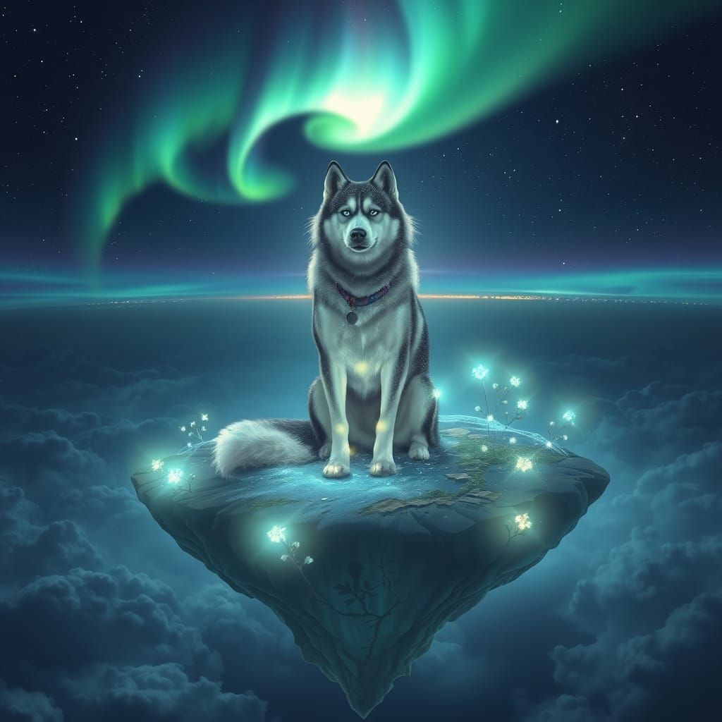 Stardust Husky on Celestial Island with Cosmic Aurora