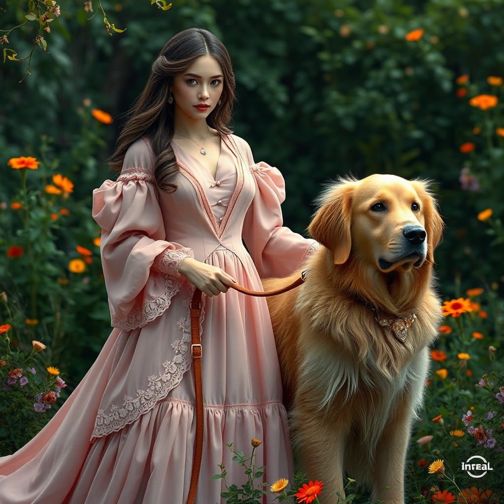 Model in Pink Gown with Golden Retriever
